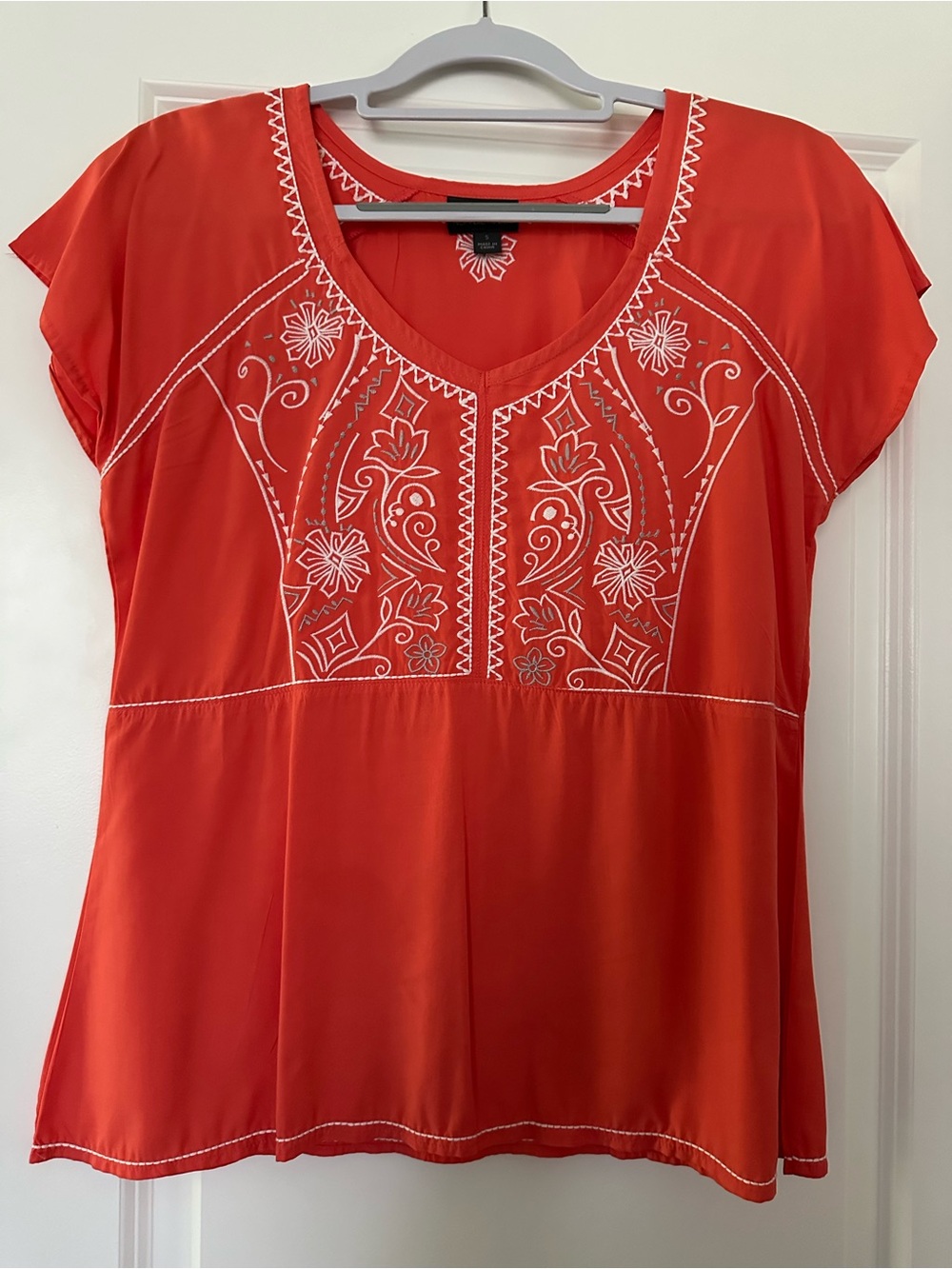 Nomadic Traders Coral Color Embroidered V-Neck Blouse